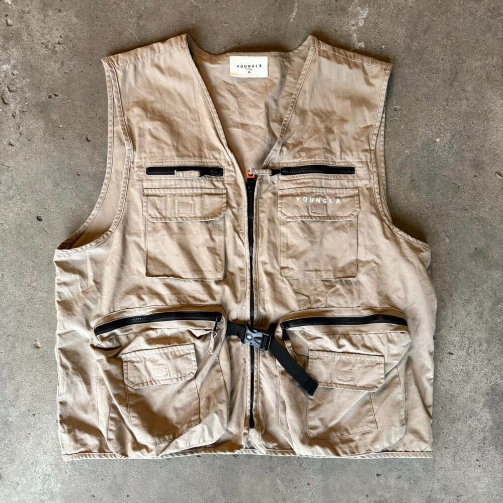 YoungLA Tan Cream Utility Vest Gilet • Embroidered Logo • Streetwear • Size XL